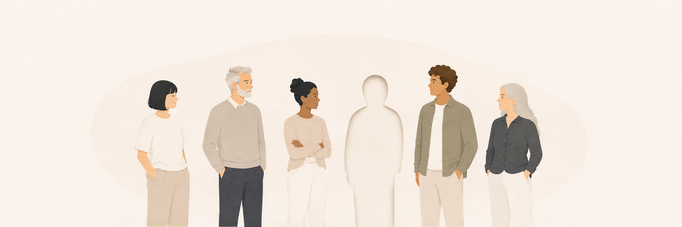 Eine vielfältige Personengruppe mit einer sichtbar fehlenden Person in der Mitte.
