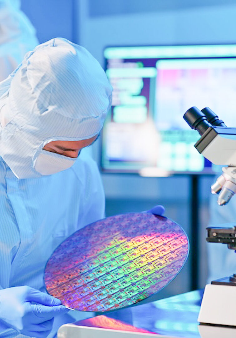 asian male technician in sterile coverall holds wafer that reflects many different colors with gloves and check it at semiconductor manufacturing plant